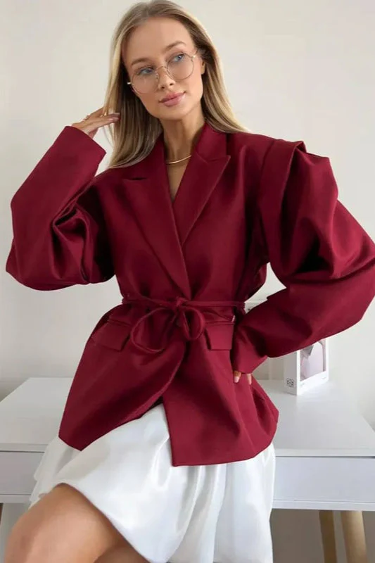 V-Neck Belted Shoulder Pad Blazer - Image 9