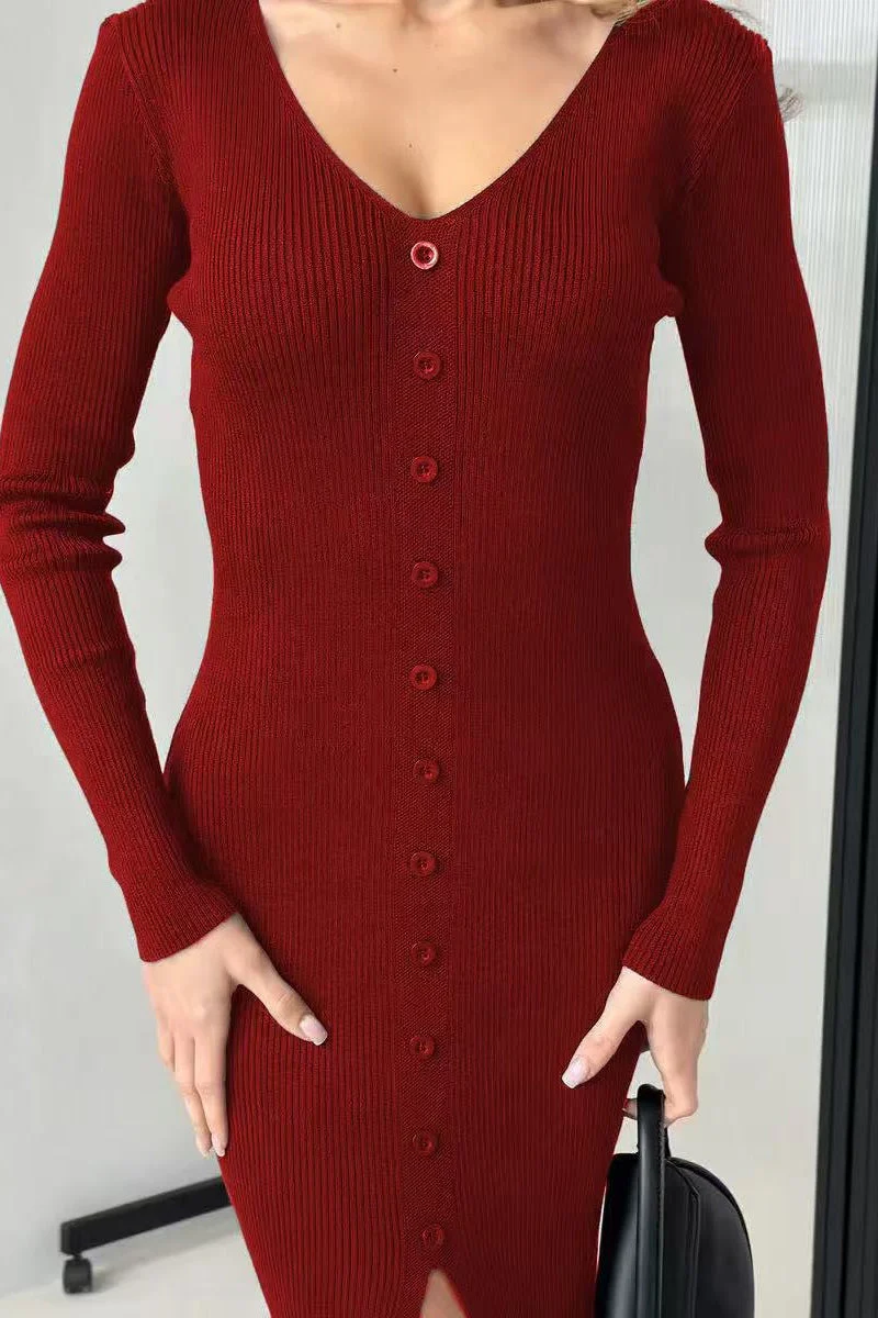 V-Neck Bodycon Knit Sweater Dress - Image 10