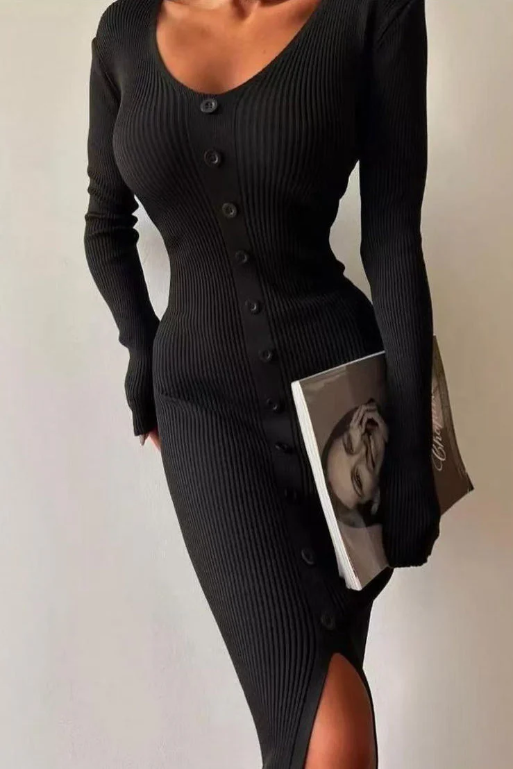 V-Neck Bodycon Knit Sweater Dress - Image 2