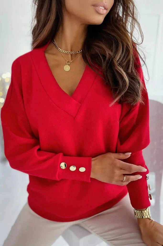 V-Neck Button Knit Pullover Sweater - Image 15