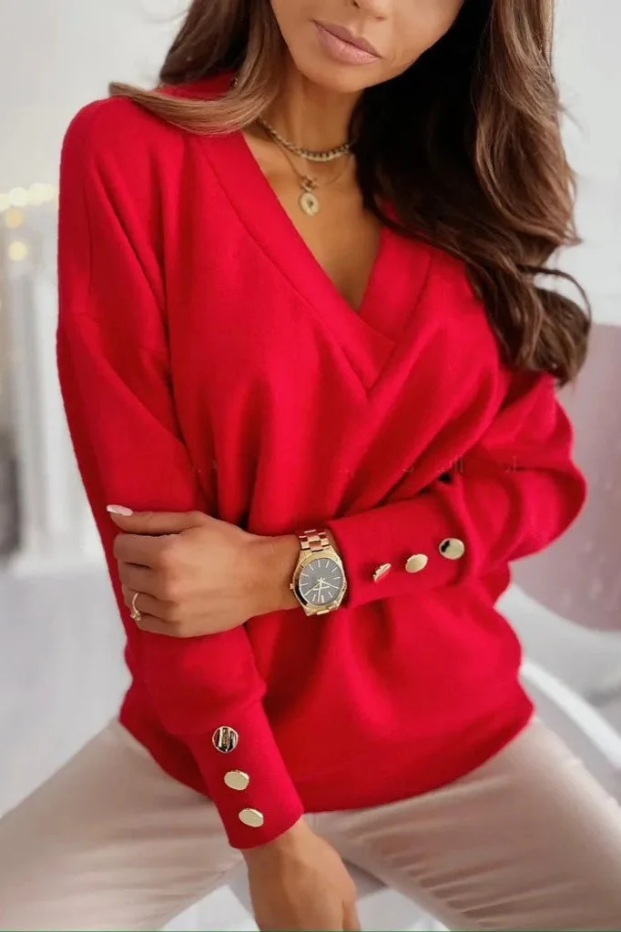 V-Neck Button Knit Pullover Sweater - Image 25