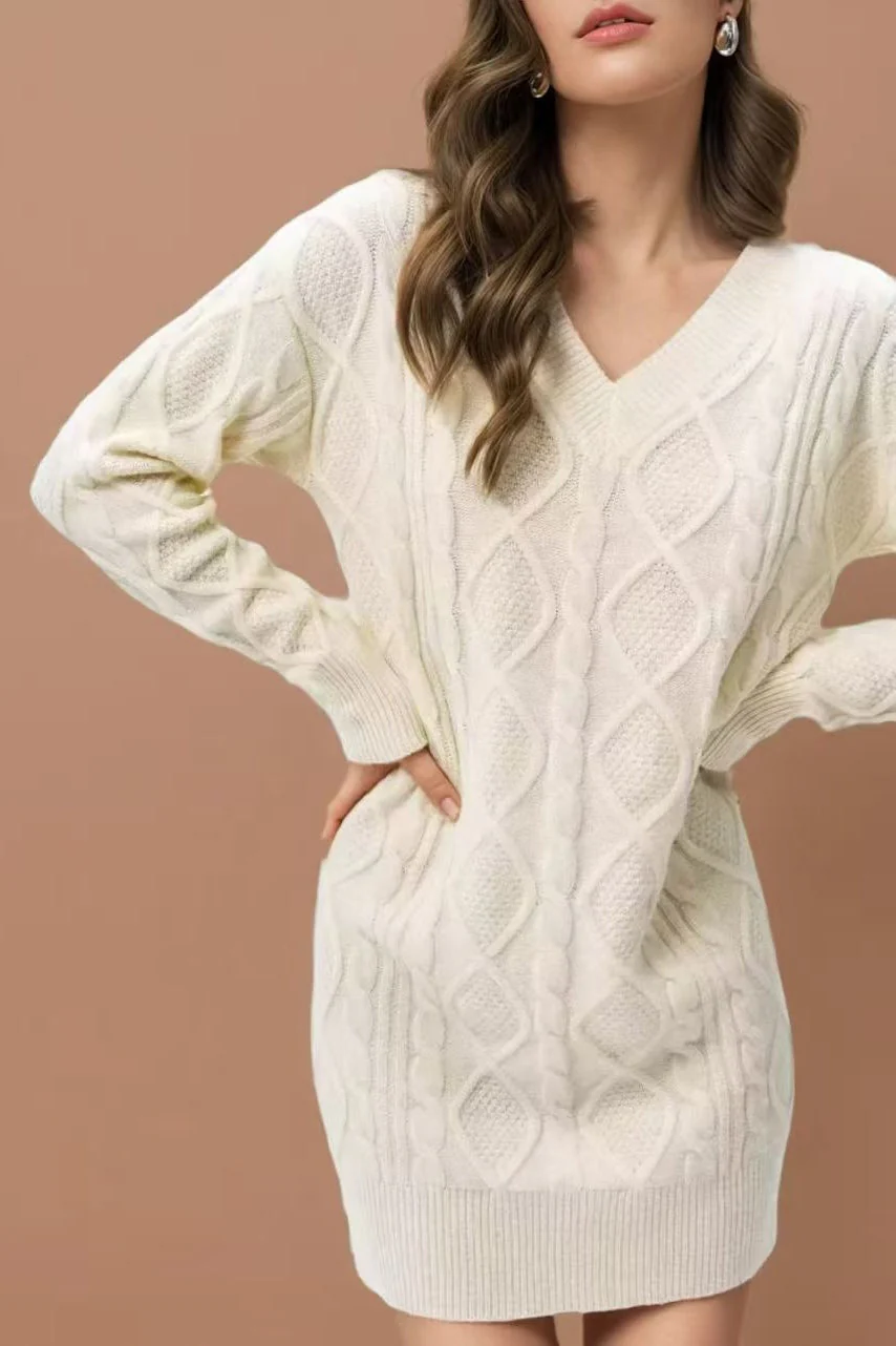 V-Neck Cable Knit Sweater Dress - Image 12
