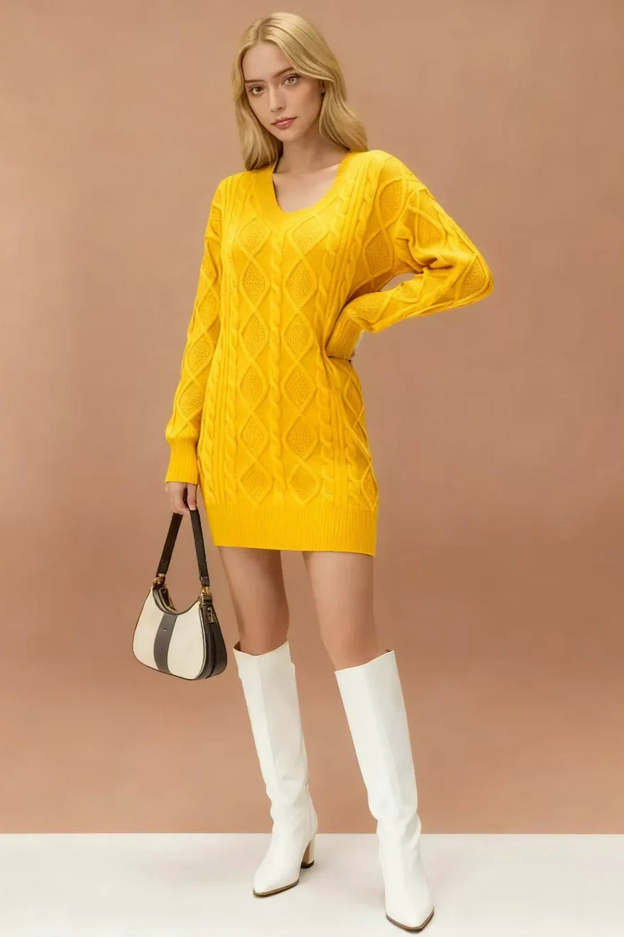 V-Neck Cable Knit Sweater Dress - Image 16