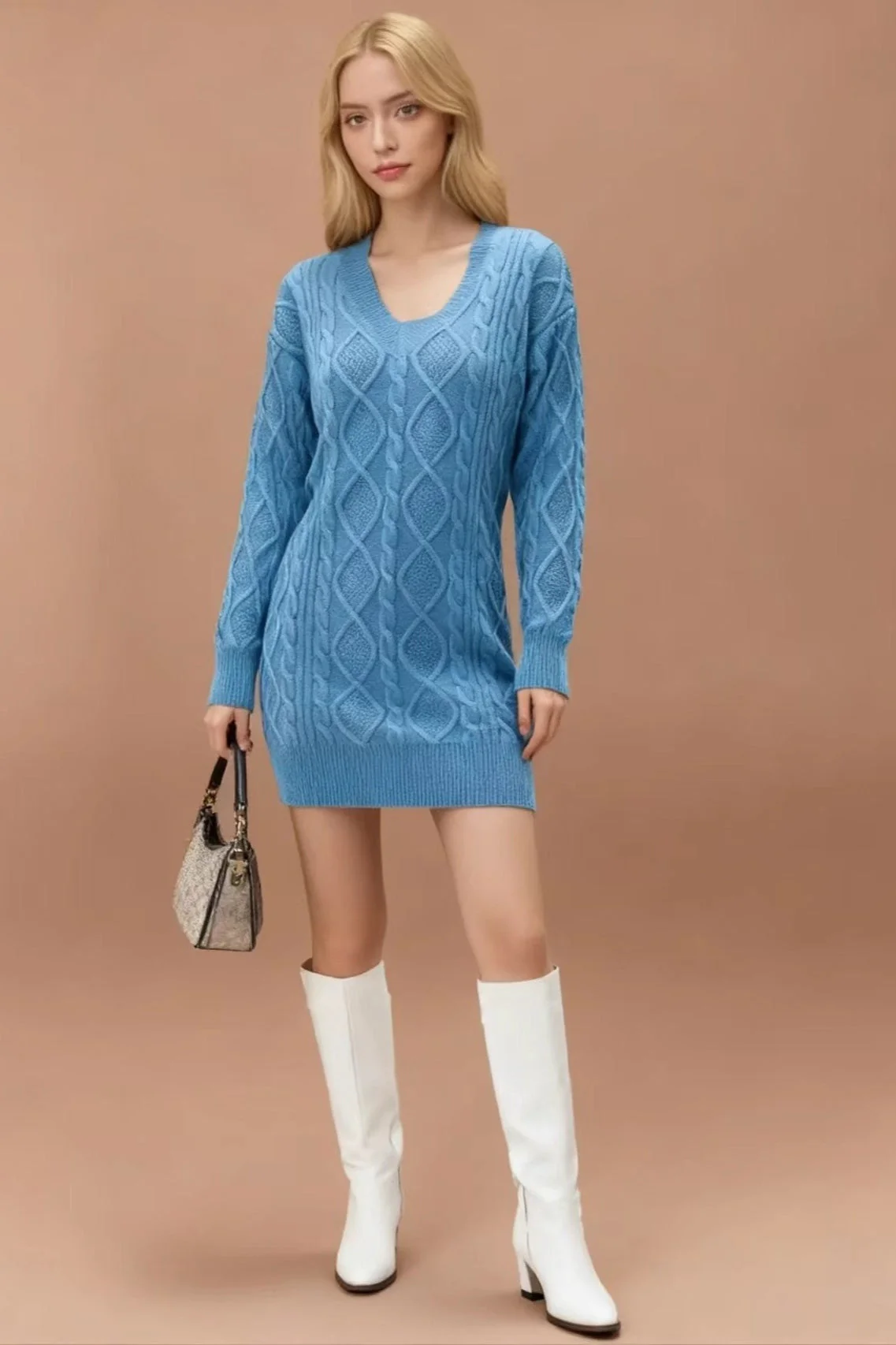 V-Neck Cable Knit Sweater Dress - Image 2