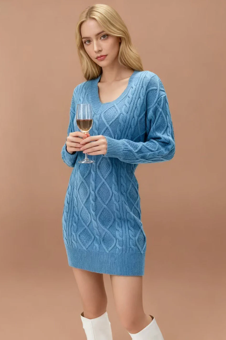 V-Neck Cable Knit Sweater Dress - Image 3
