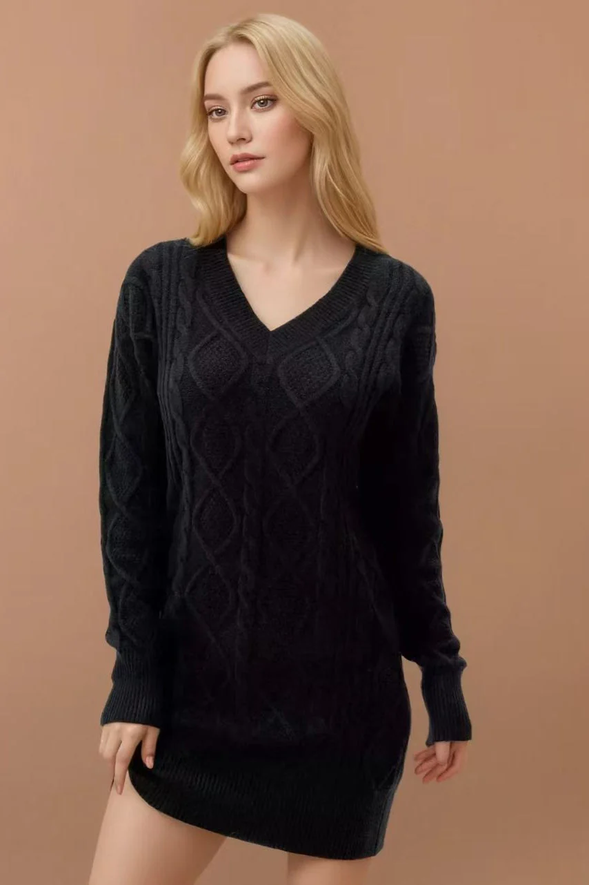 V-Neck Cable Knit Sweater Dress - Image 5