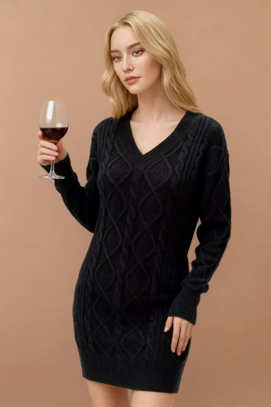 V-Neck Cable Knit Sweater Dress - Image 6