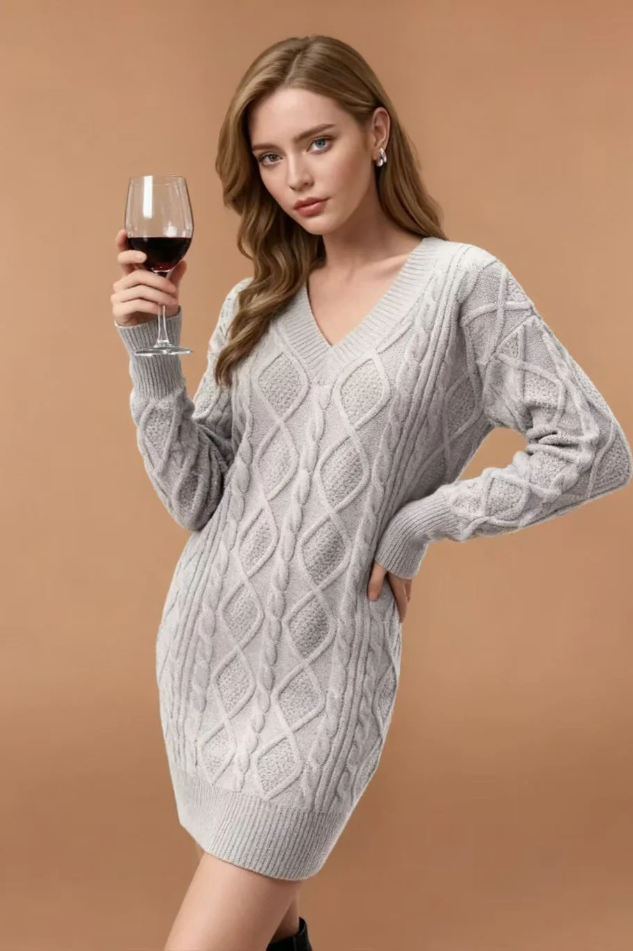 V-Neck Cable Knit Sweater Dress - Image 9