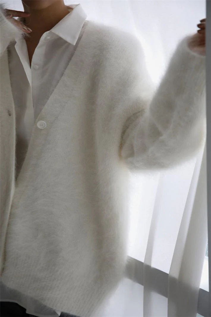 V-Neck Fluffy Knit Cardigan Sweater - Image 10
