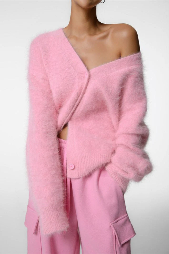V-Neck Fluffy Knit Cardigan Sweater - Image 17