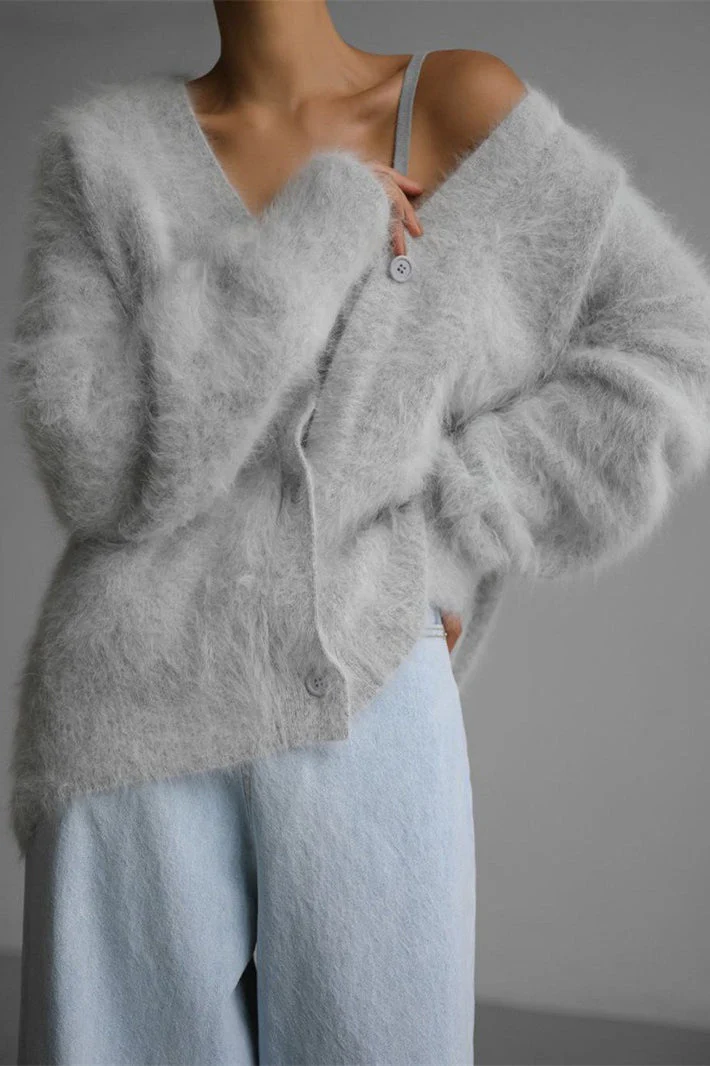 V-Neck Fluffy Knit Cardigan Sweater - Image 20