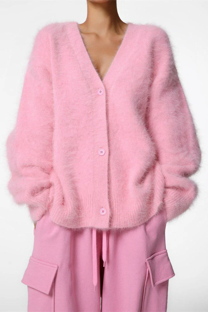 V-Neck Fluffy Knit Cardigan Sweater - Image 25