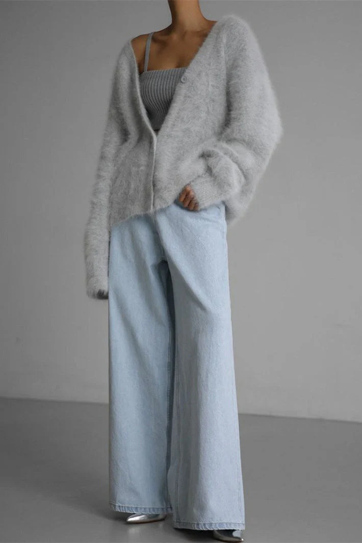 V-Neck Fluffy Knit Cardigan Sweater - Image 26
