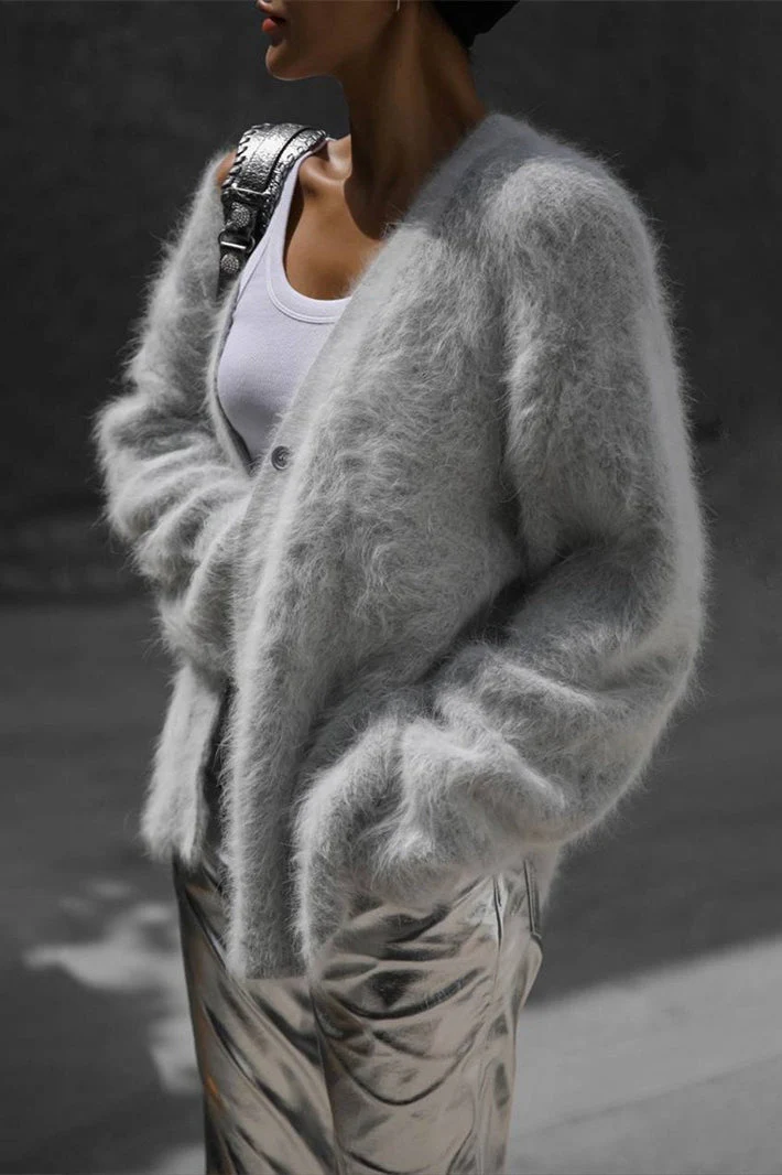 V-Neck Fluffy Knit Cardigan Sweater - Image 27