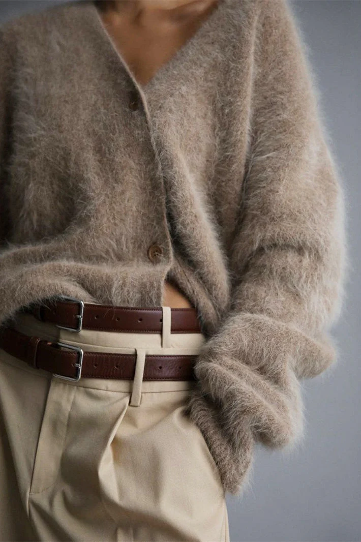 V-Neck Fluffy Knit Cardigan Sweater - Image 3