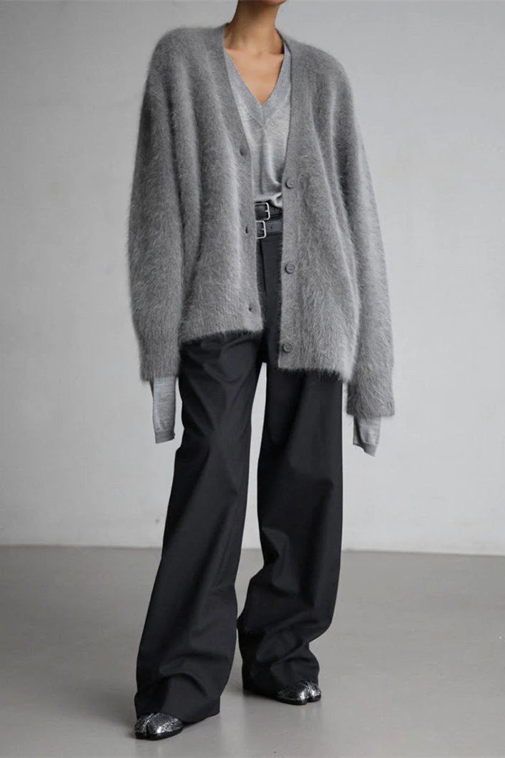 V-Neck Fluffy Knit Cardigan Sweater - Image 34