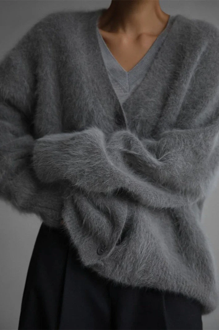V-Neck Fluffy Knit Cardigan Sweater - Image 35