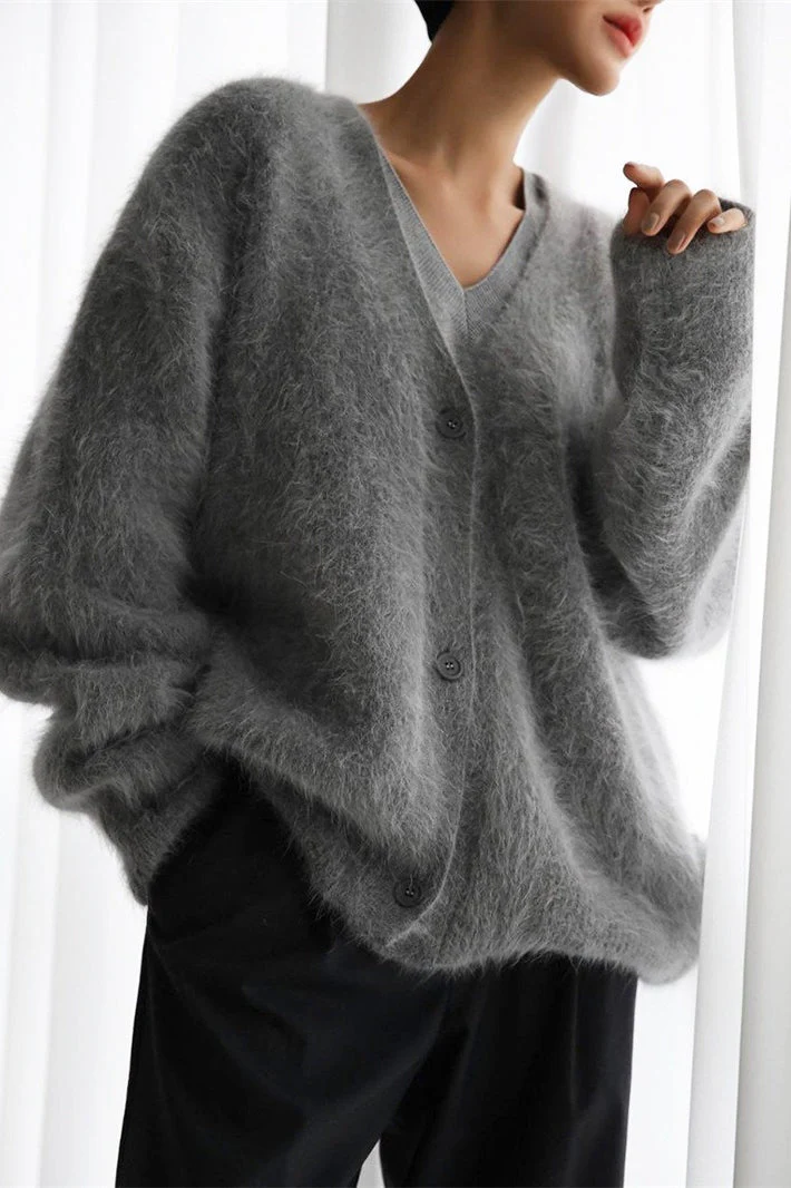 V-Neck Fluffy Knit Cardigan Sweater - Image 36