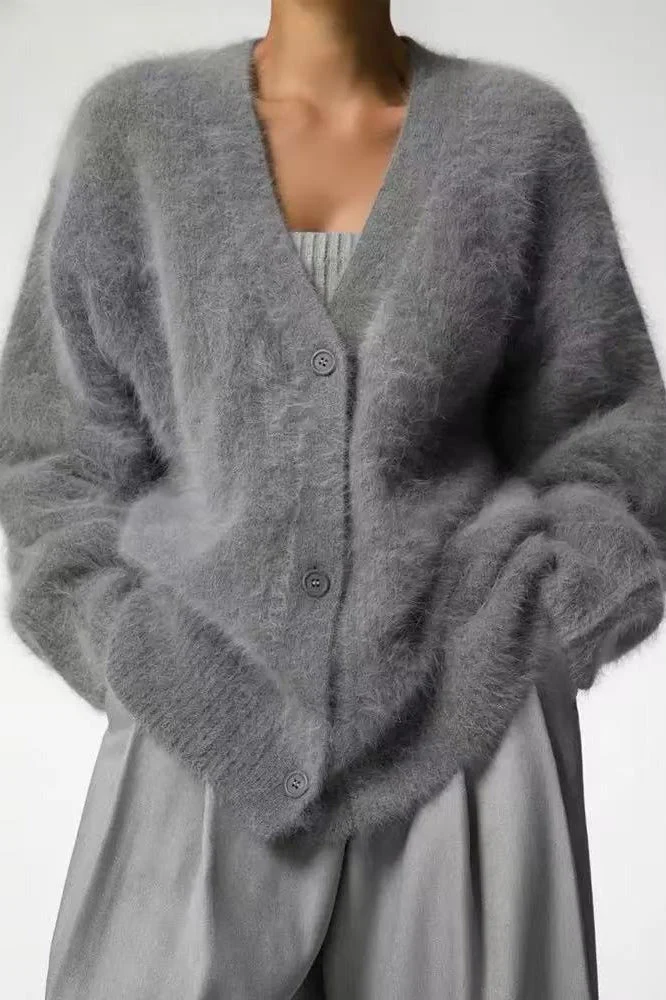 V-Neck Fluffy Knit Cardigan Sweater - Image 37