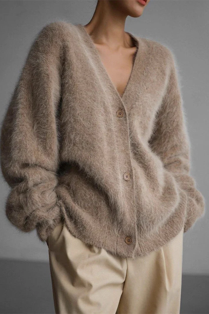V-Neck Fluffy Knit Cardigan Sweater - Image 39