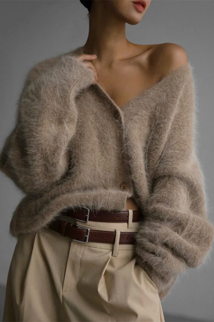 V-Neck Fluffy Knit Cardigan Sweater - Image 40