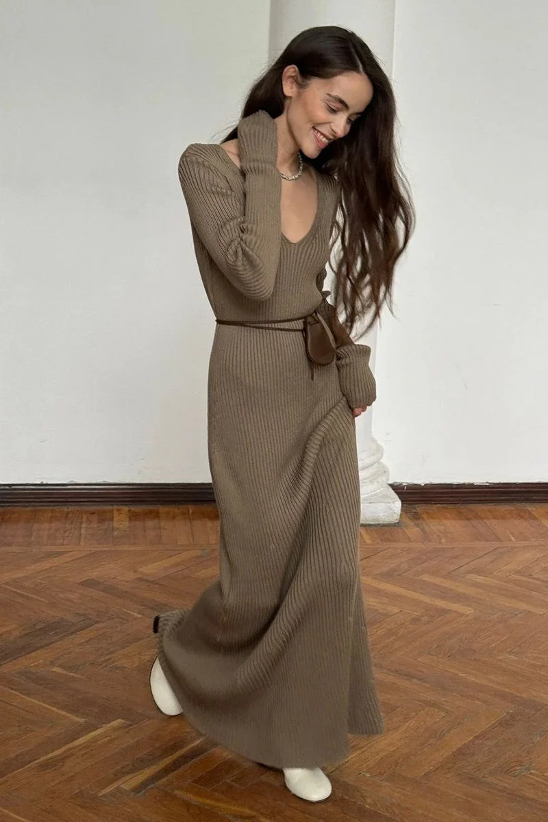 V-Neck Long Sleeve Knit Sweater Dress - Image 2