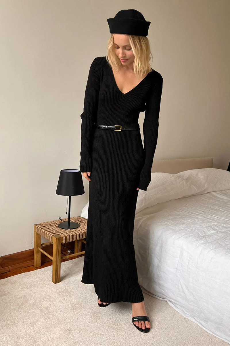 V-Neck Long Sleeve Knit Sweater Dress - Image 4