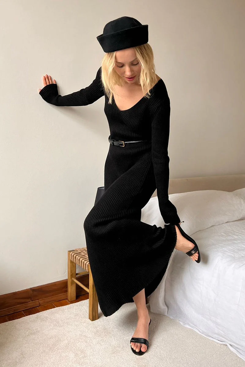 V-Neck Long Sleeve Knit Sweater Dress - Image 5