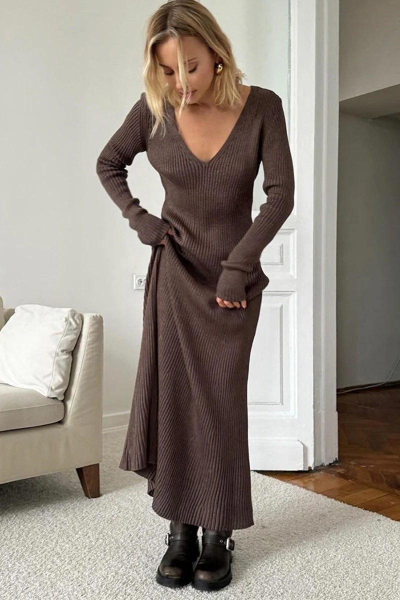 V-Neck Long Sleeve Knit Sweater Dress - Image 7