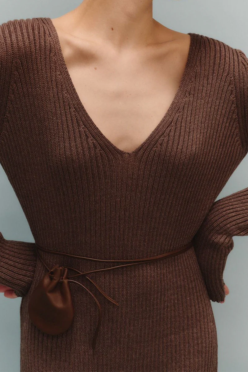 V-Neck Long Sleeve Knit Sweater Dress - Image 8