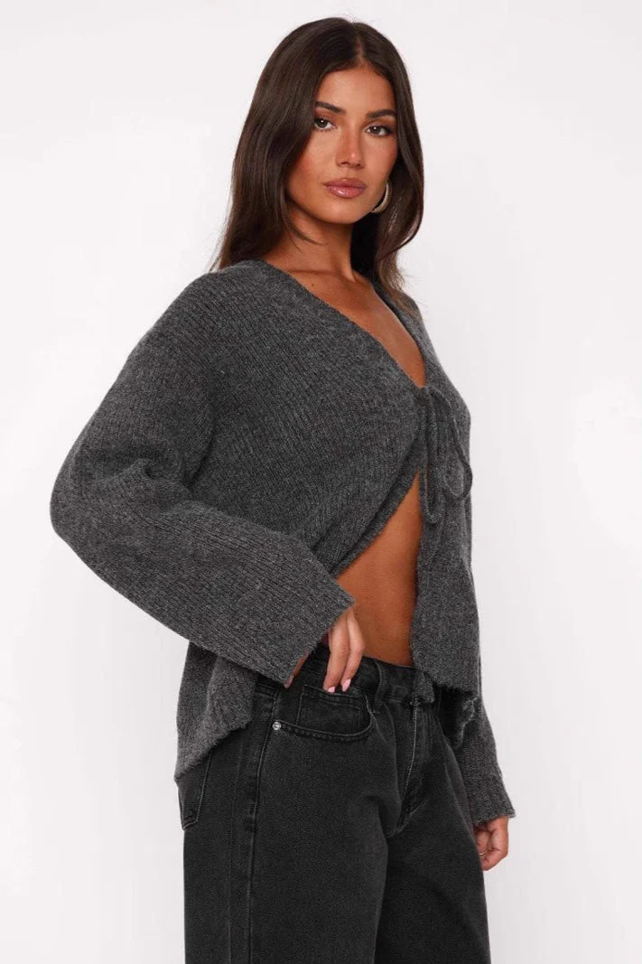 V-Neck Tie Front Knit Cardigan Sweater - Image 12