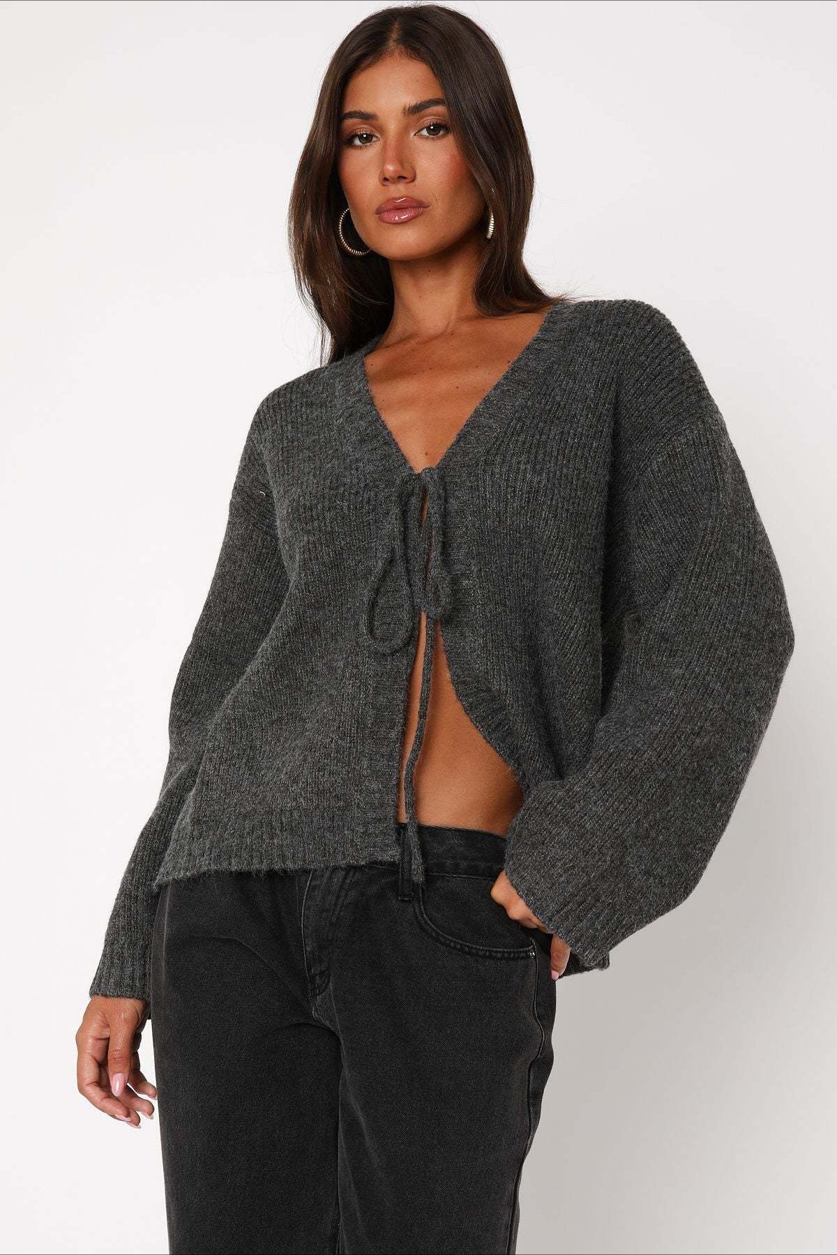 V-Neck Tie Front Knit Cardigan Sweater - Image 13