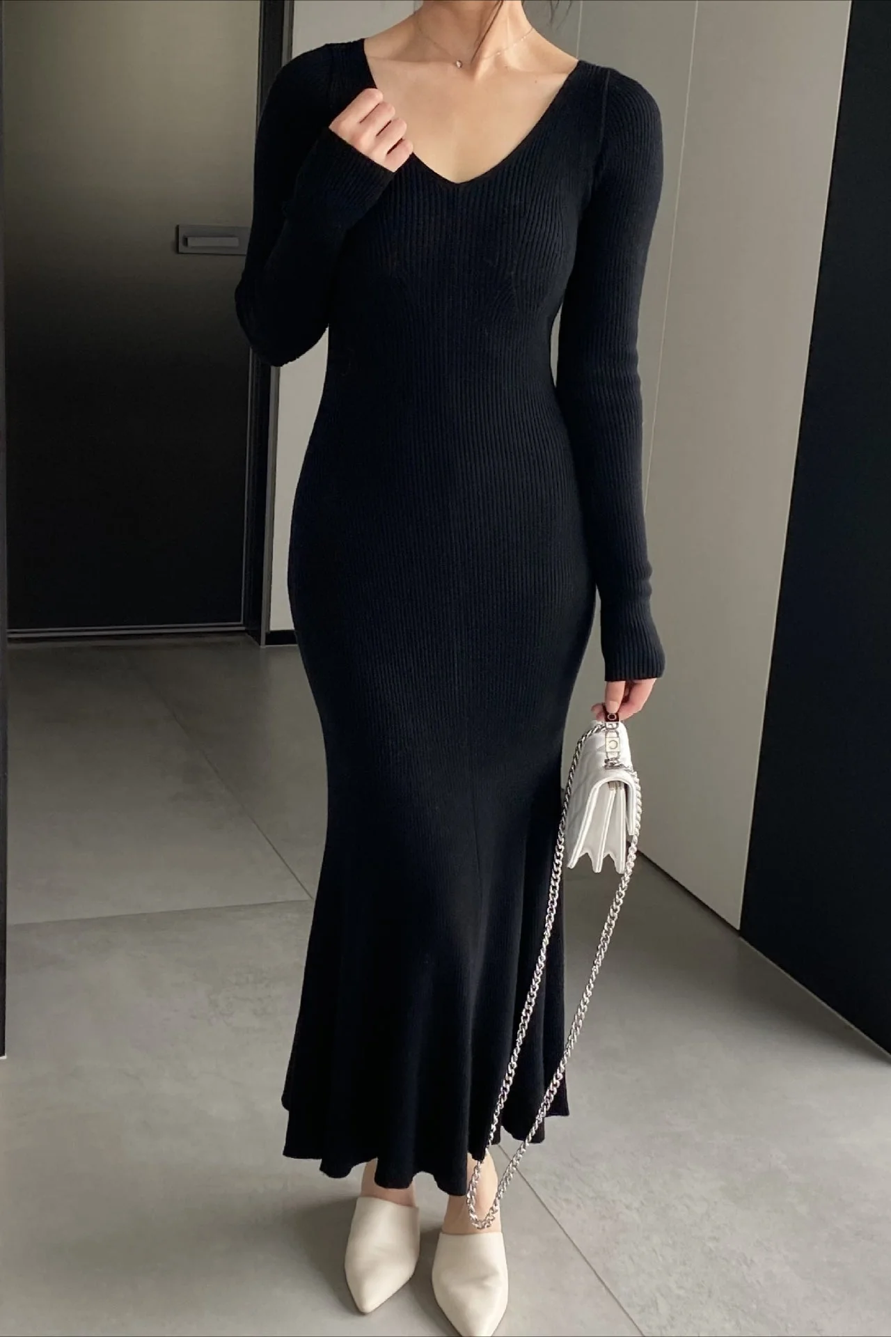 V-Neck Wool Sweater Dress - Image 4