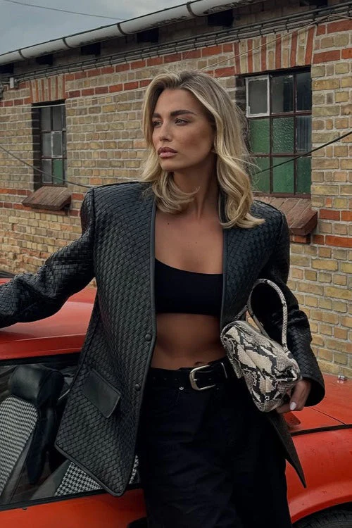 V-Neck Woven Leather Long Sleeve Jacket - Image 2