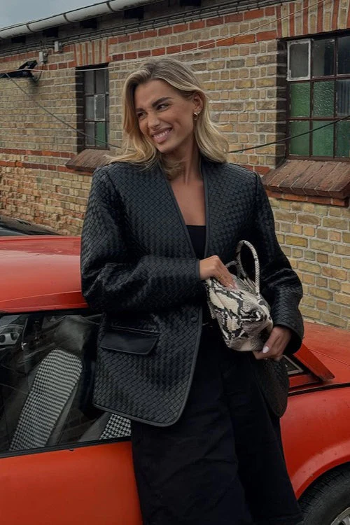V-Neck Woven Leather Long Sleeve Jacket - Image 3