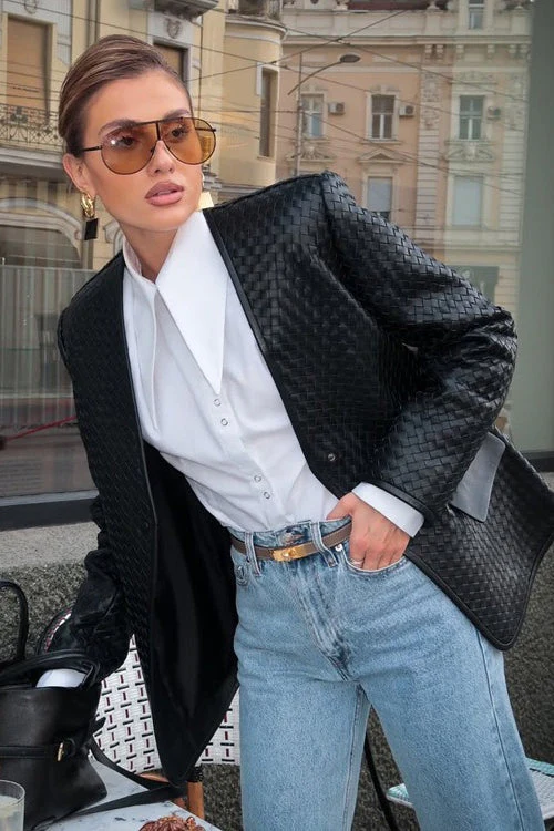 V-Neck Woven Leather Long Sleeve Jacket - Image 5