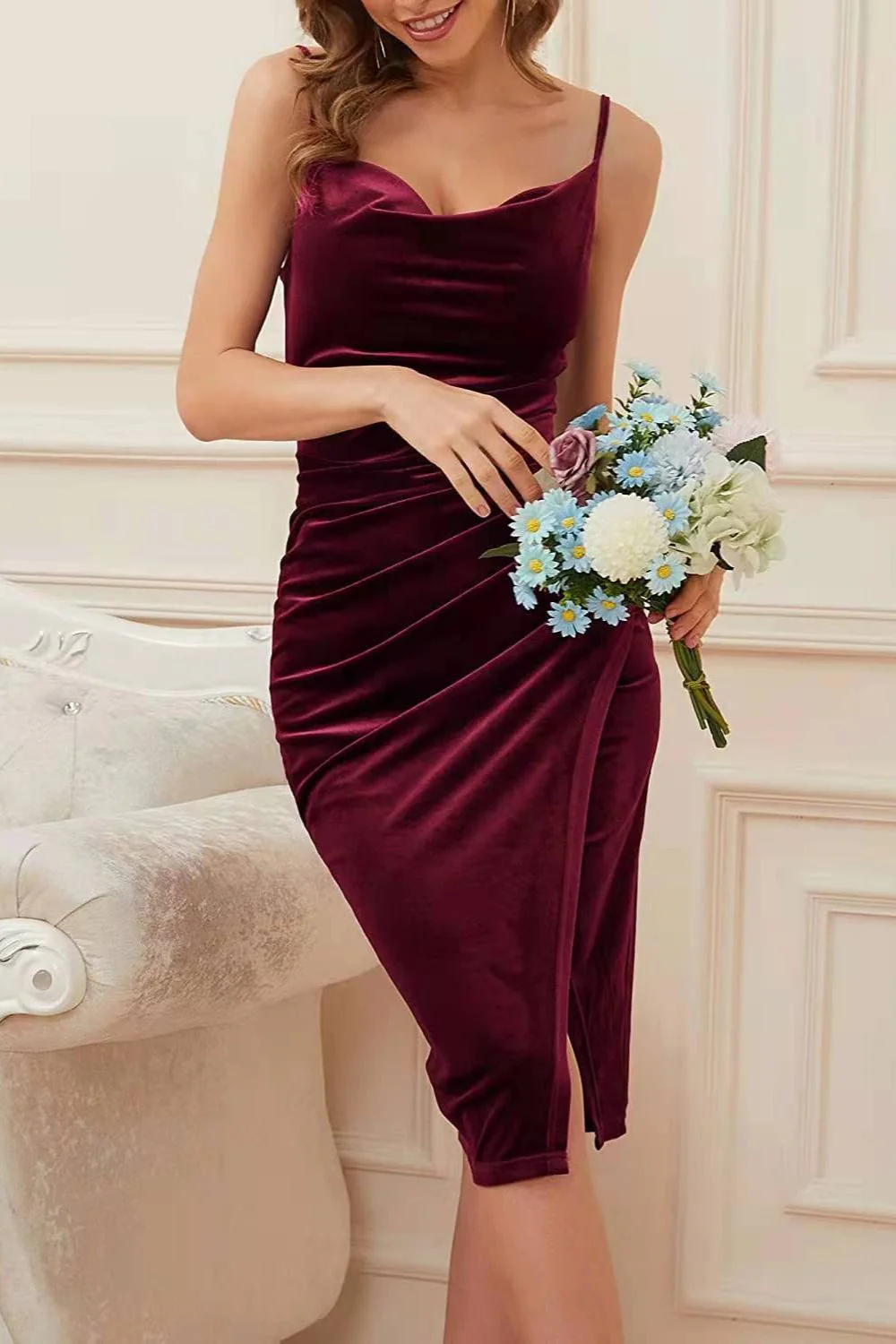 Velvet Ruched Split Party Dress - Image 2