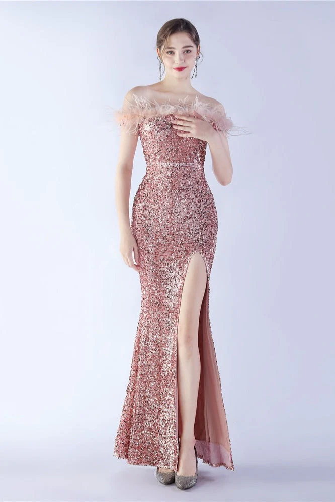 Velvet Sequin Ostrich Feather Off Shoulder Formal Dress - Image 10