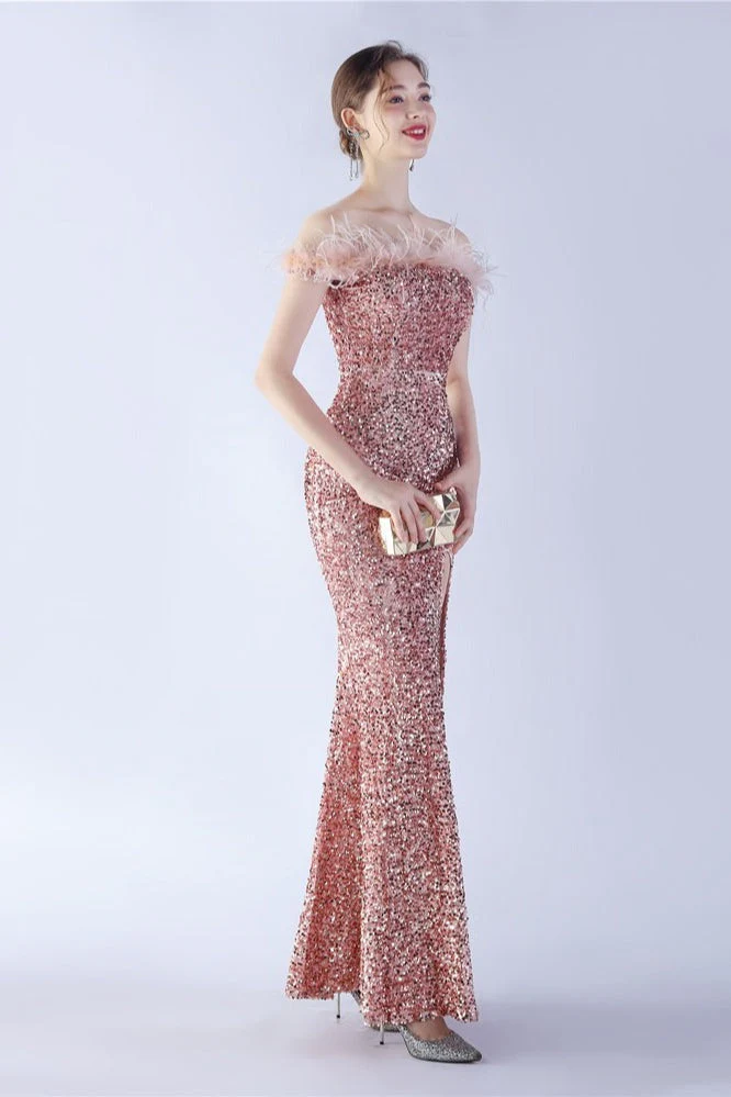 Velvet Sequin Ostrich Feather Off Shoulder Formal Dress - Image 12