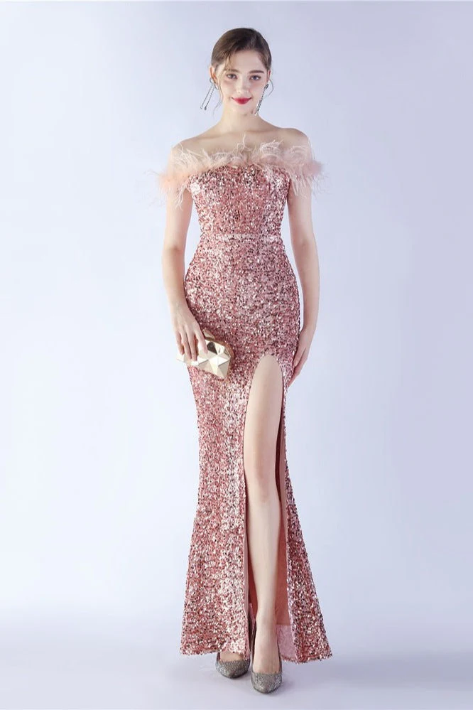 Velvet Sequin Ostrich Feather Off Shoulder Formal Dress - Image 13