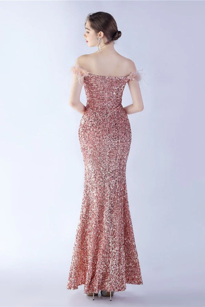 Velvet Sequin Ostrich Feather Off Shoulder Formal Dress - Image 14