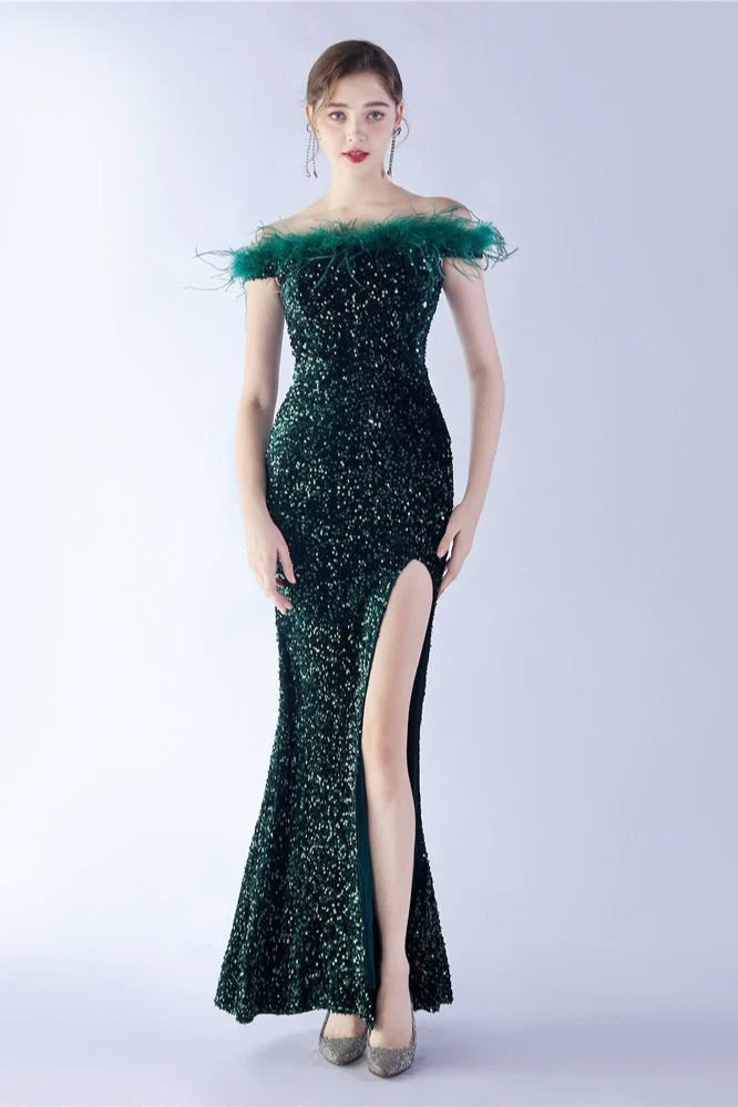 Velvet Sequin Ostrich Feather Off Shoulder Formal Dress - Image 15