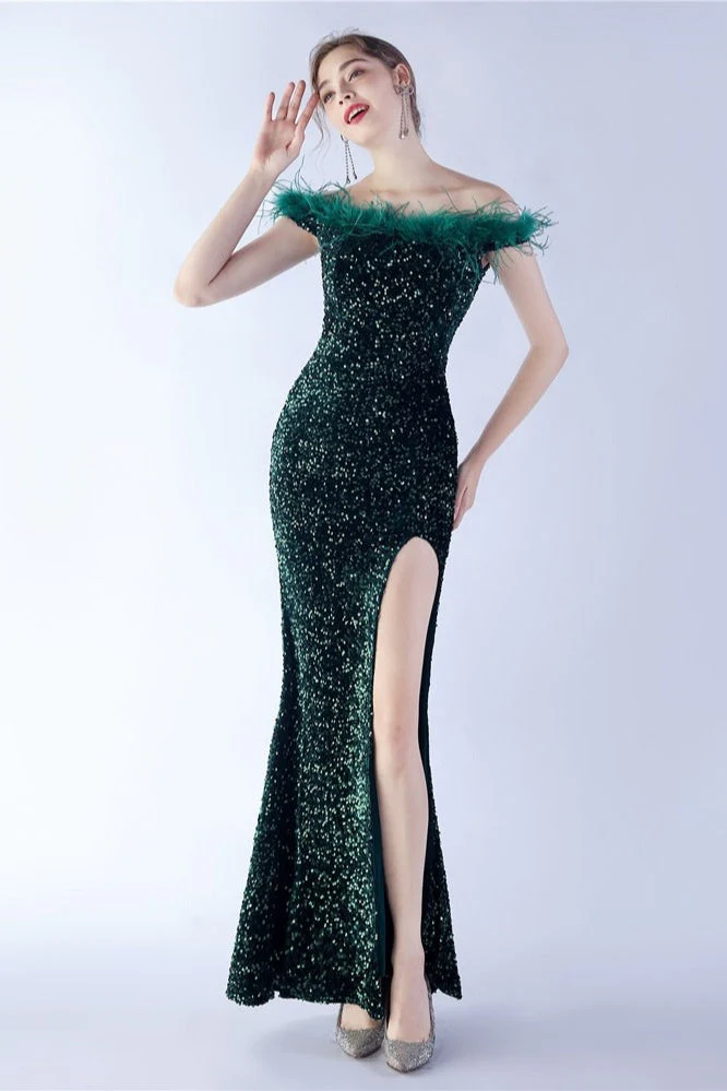 Velvet Sequin Ostrich Feather Off Shoulder Formal Dress - Image 16