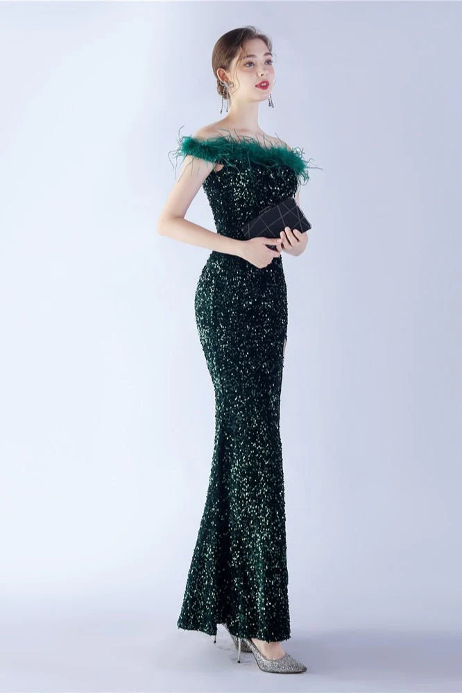 Velvet Sequin Ostrich Feather Off Shoulder Formal Dress - Image 18