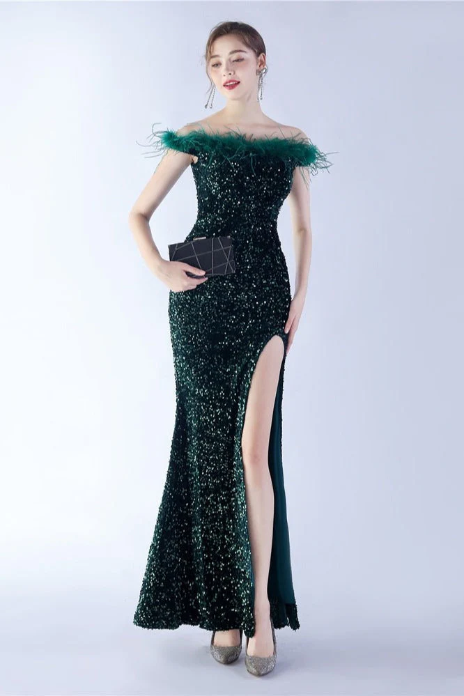 Velvet Sequin Ostrich Feather Off Shoulder Formal Dress - Image 19