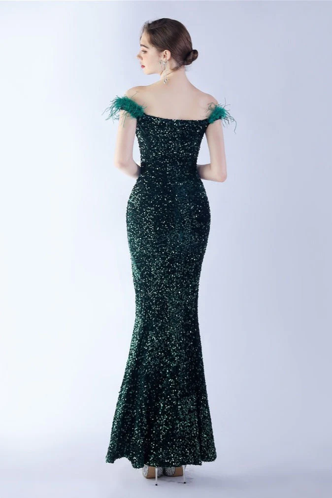 Velvet Sequin Ostrich Feather Off Shoulder Formal Dress - Image 20
