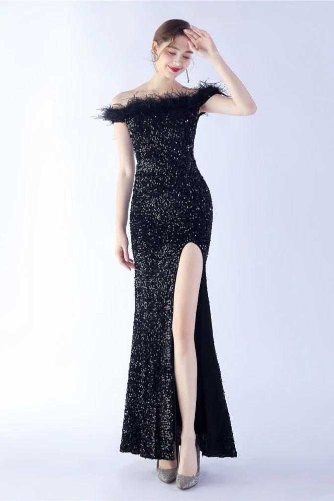 Velvet Sequin Ostrich Feather Off Shoulder Formal Dress - Image 22