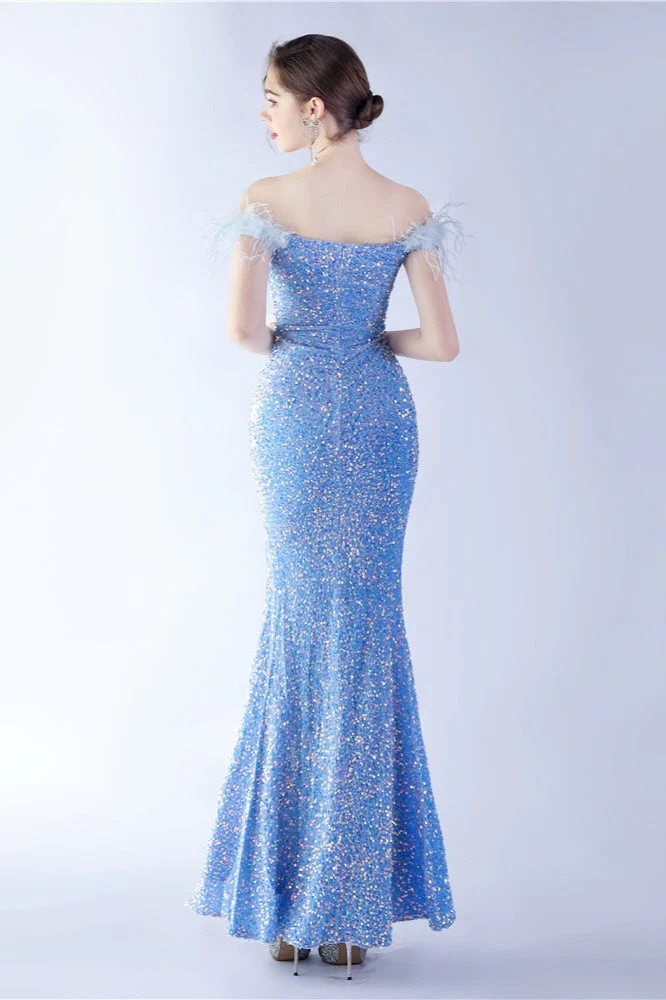 Velvet Sequin Ostrich Feather Off Shoulder Formal Dress - Image 25