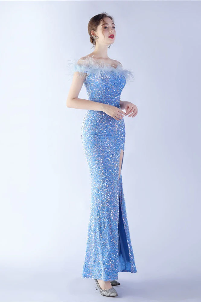 Velvet Sequin Ostrich Feather Off Shoulder Formal Dress - Image 27