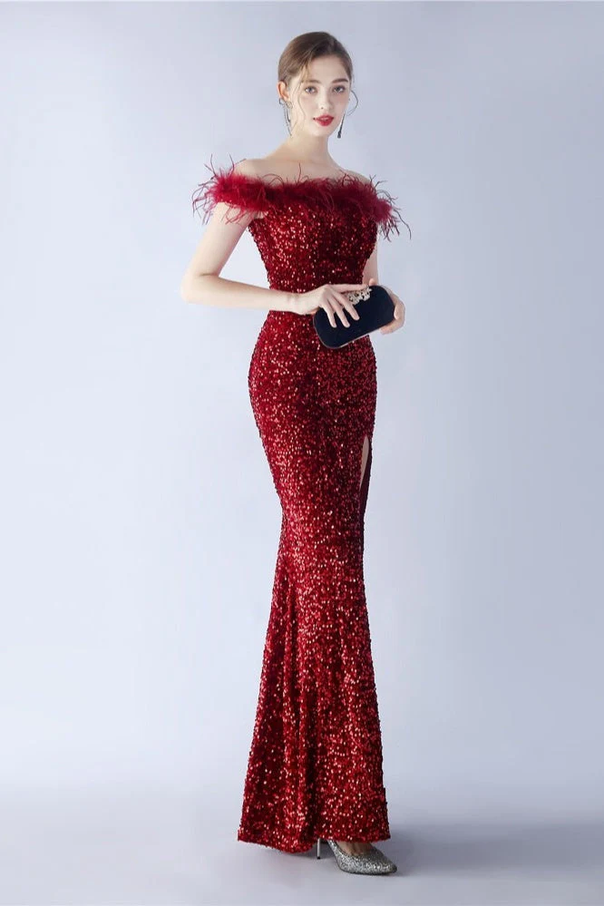 Velvet Sequin Ostrich Feather Off Shoulder Formal Dress - Image 3